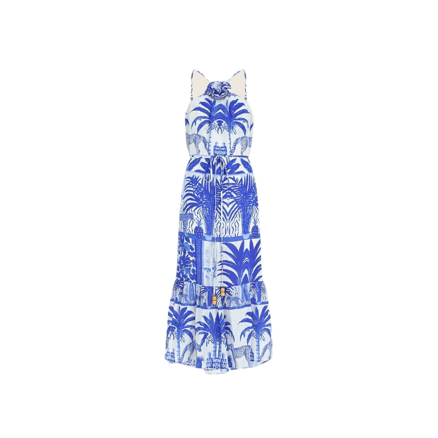 Oopscool Blue Palm 100% Linen Halter Neck Dress Kadın Elbise