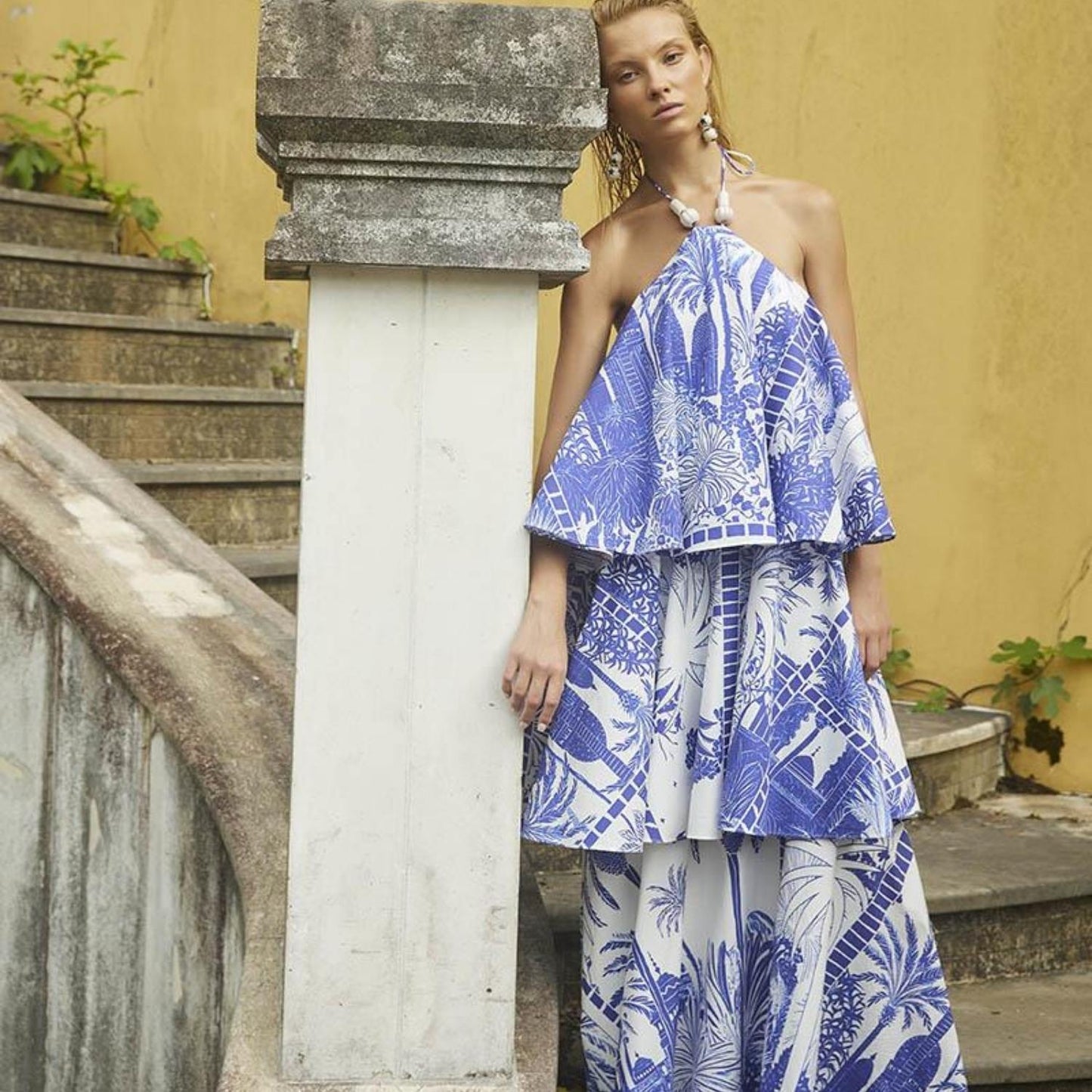 Oopscool Blue Palm Cotton Long Dress Kadın Elbise