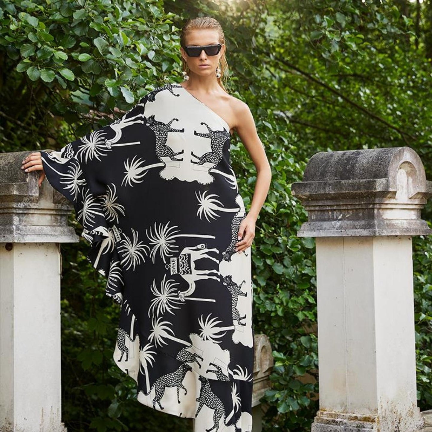 Oopscool One Shoulder Palm Dress Kadın Elbise