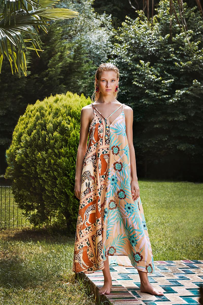 Oopscool Mare Tiger 100% Linen V Neck Long Dress - Kadın Elbise