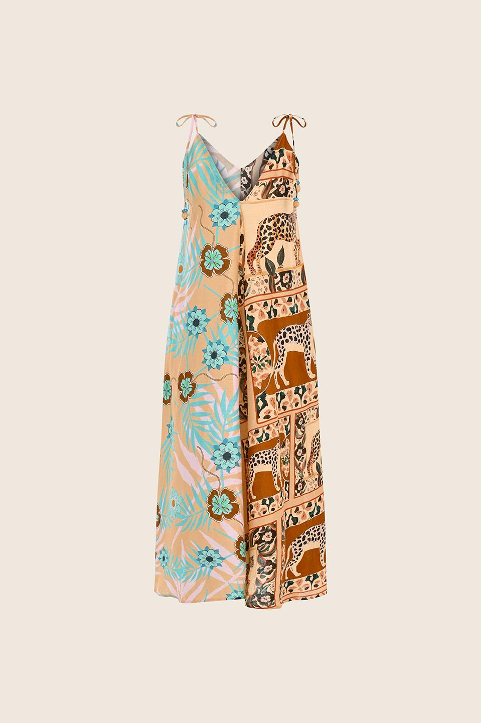 Oopscool Mare Tiger 100% Linen V Neck Long Dress - Kadın Elbise