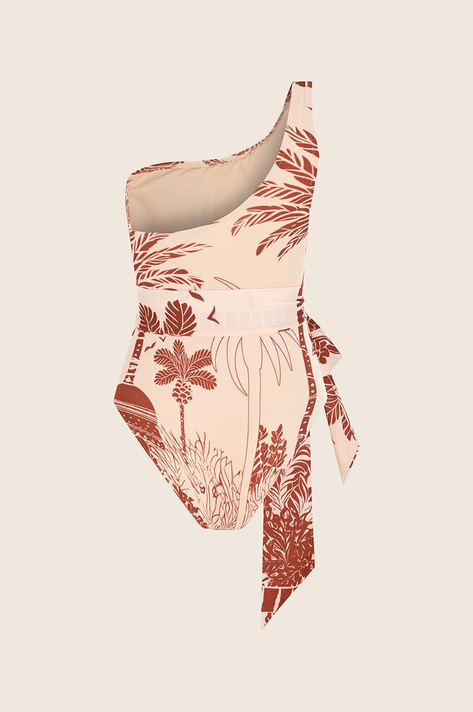 Oopscool - One Shoulder Red Palm Swimsuit - Mayo