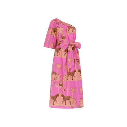 Oopscool Pink Tiger One Shoulder Cotton Dress Kadın Elbise