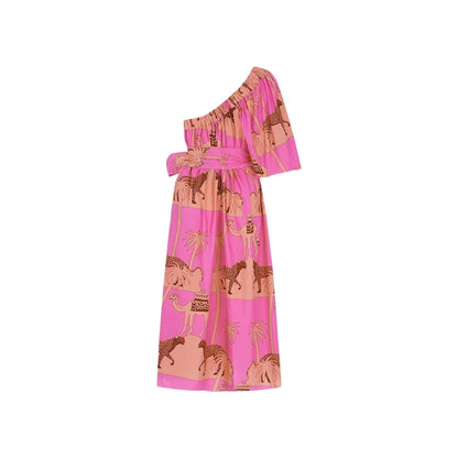 Oopscool Pink Tiger One Shoulder Cotton Dress Kadın Elbise