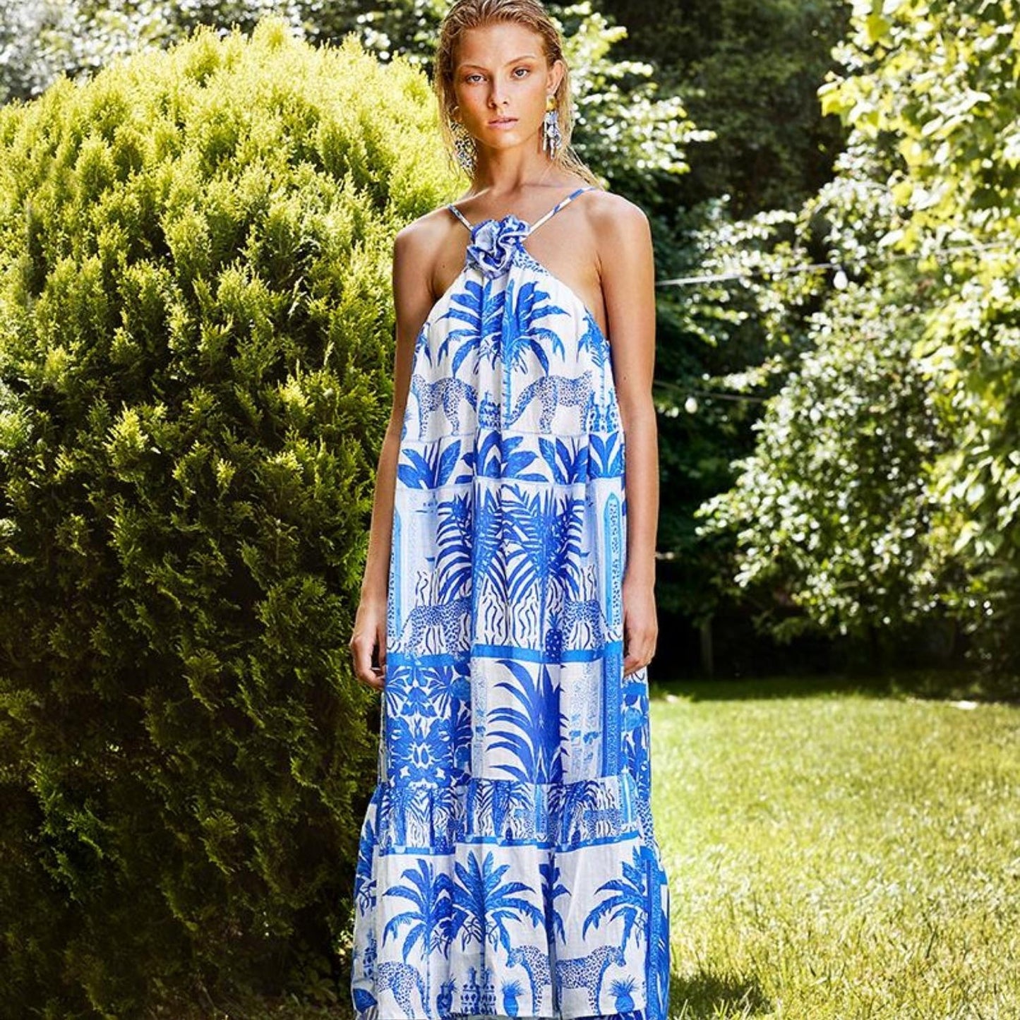 Oopscool Blue Palm 100% Linen Halter Neck Dress Kadın Elbise