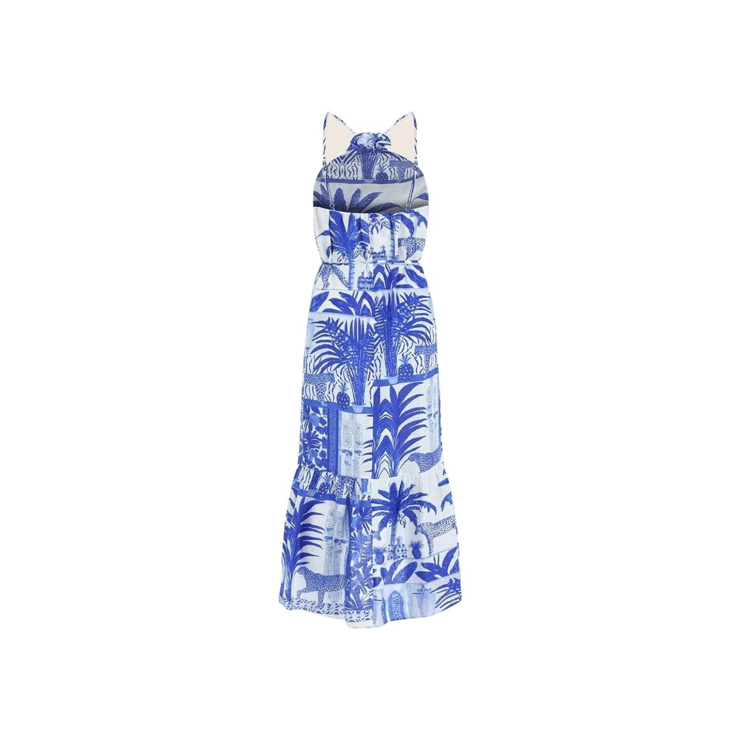 Oopscool Blue Palm 100% Linen Halter Neck Dress Kadın Elbise