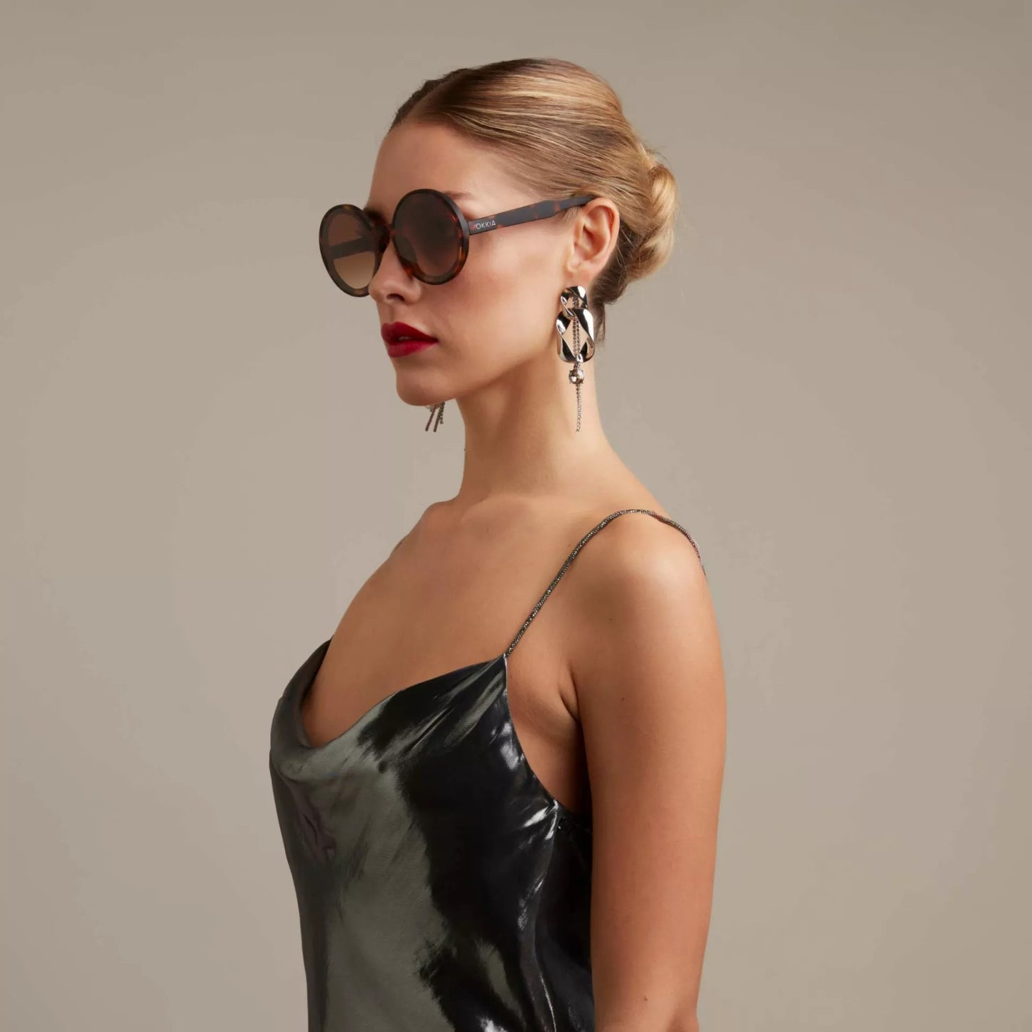 Okkia Monica Unisex Büyük Yuvarlak Güneş Gözlüğü Klasik Havana