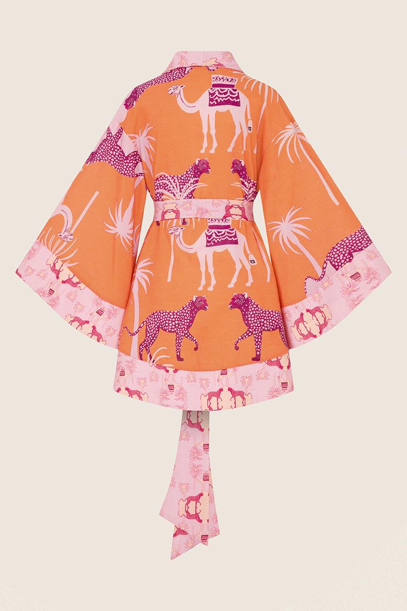 Oopscool - Orange Camel Short Linen Kimono